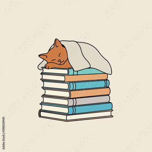 A cute ginger cat sleeps peacefully under a blanket on a stack of colorful books