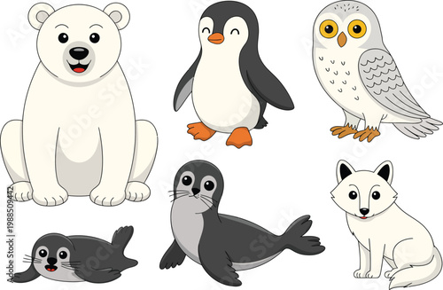 Cute arctic and antarctic animals collection including polar bear penguin seal and arctic fox, perfect for wildlife themes, kids illustrations, and educational vector design projects.