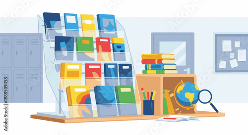 A colorful display of books, globe, and learning materials in a classroom setting