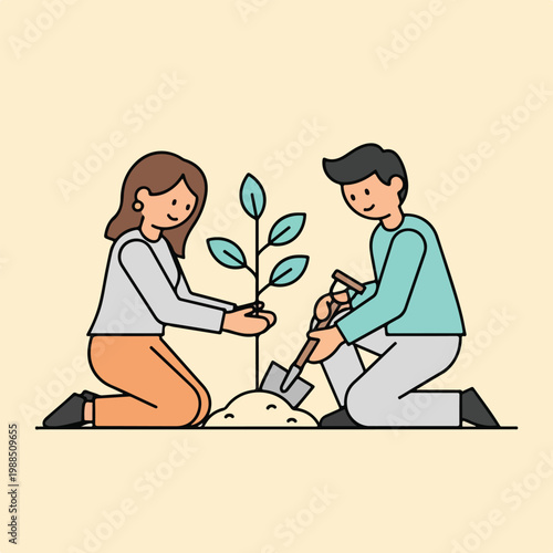 A man and a woman kneeling while working together to plant a small young tree