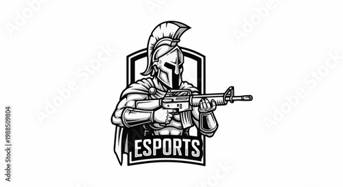 Warrior with rifle, gladiator helmet, shield, and ESports text