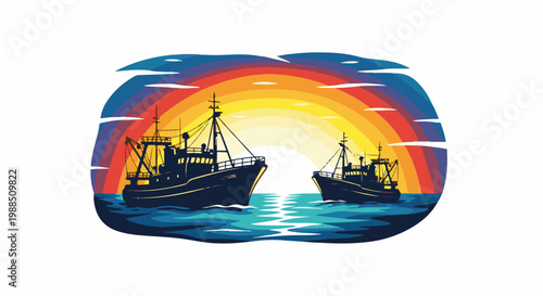 Two fishing boats sail on the sea against a vibrant sunset sky