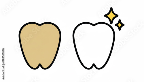Tooth dental icon with golden and white fill, bold black outline and sparkles highlights for healthy smile