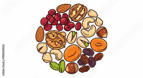 A circular arrangement of various nuts, dried fruits, and berries