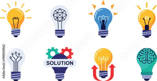 Creative idea and innovation icons set with light bulbs brain solution concept thinking and inspiration elements design