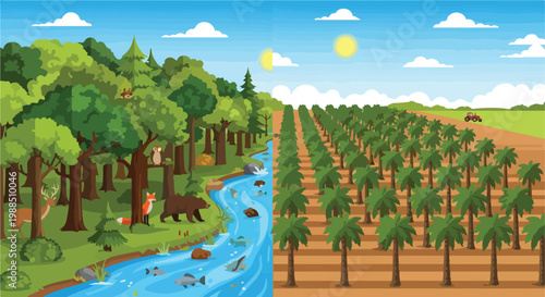 Comparison between a vibrant wild forest and a manicured palm oil plantation farm