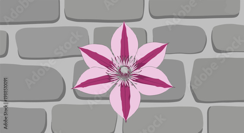 Stylized pink and purple flower against a grey brick background