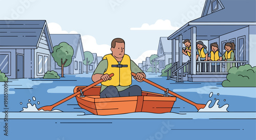A person rows a boat through flooded suburban streets near neighbors on a porch