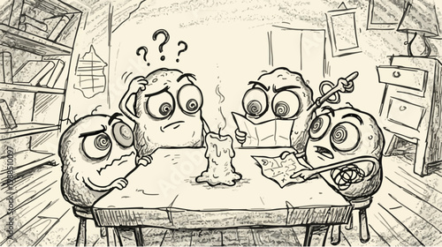 Hand-drawn sketch of confused cartoon characters sitting around a table with a candle, expressing uncertainty and questioning ideas.