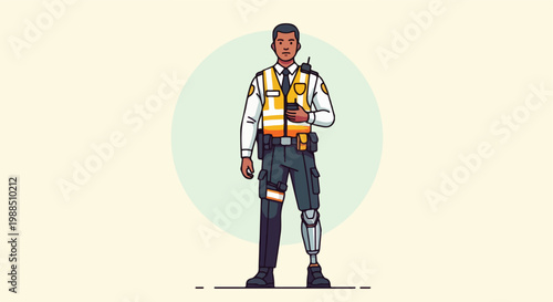 A flat illustration of a security guard with a prosthetic leg holding a radio