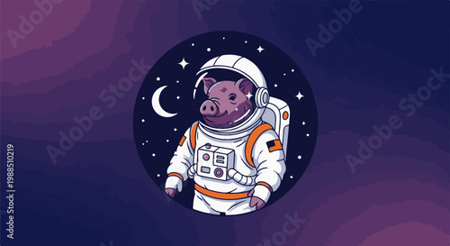 Whimsical pig in astronaut suit orbits the moon amidst stars and cosmic clouds