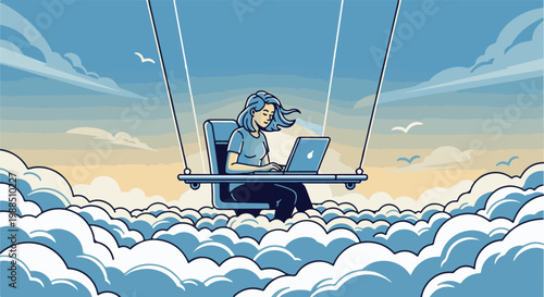 Woman working on a laptop on a swing suspended in the clouds at sunset