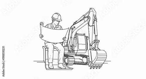 Worker in hard hat reviews plans next to excavator