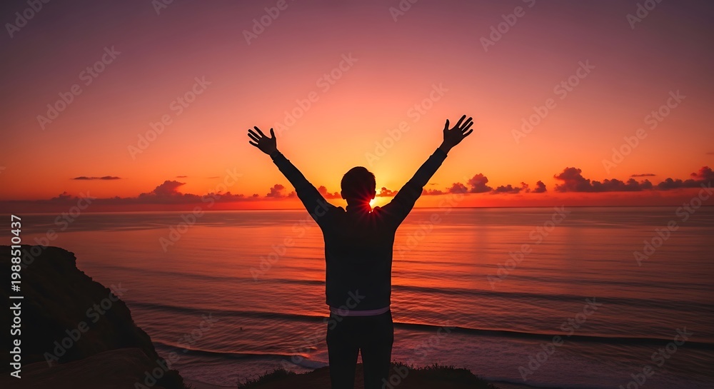 Fototapeta premium Man standing on beach at sunset.