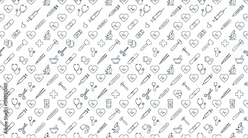 Seamless pattern of medical healthcare icons including stethoscope, heart, syringe, and cross on white background
