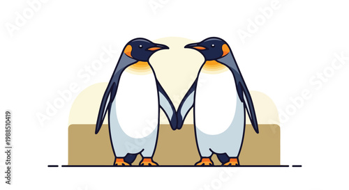 Two cute emperor penguins standing together holding flippers in a flat art style