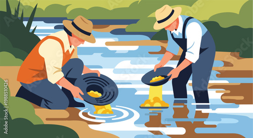 Two people wearing hats pan for gold in a shallow riverbed stream, illustration