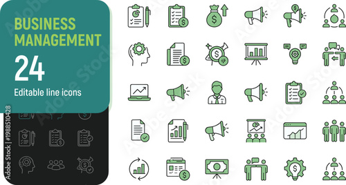 Modern flat design vector set featuring 24 business management and time efficiency icons. Ideal for corporate presentations, productivity apps, marketing materials, and workplace education.