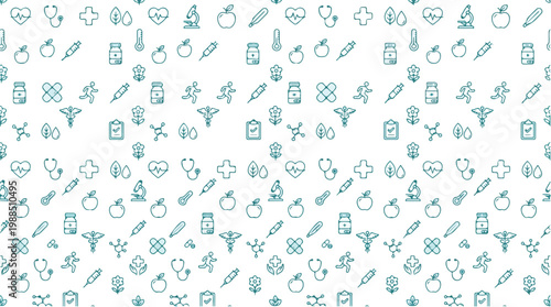 Seamless pattern of medical and healthcare icons in a repeating design on a white background
