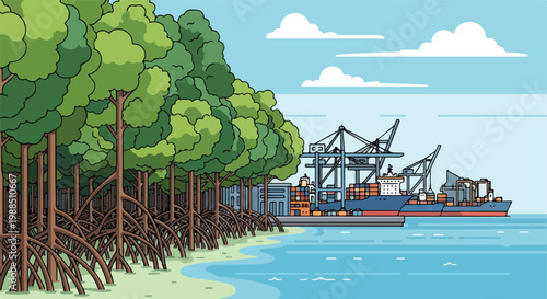 A mangrove forest standing next to a busy industrial shipping terminal by the sea