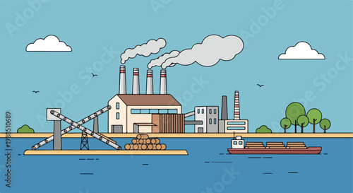 A riverside timber processing factory with smokestacks and a cargo barge vessel