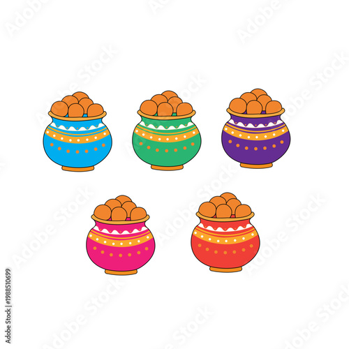 Colorful Digital Illustration of Traditional Indian Clay Pots (Matkas) with Delicious Laddoos for Festive Celebrations
