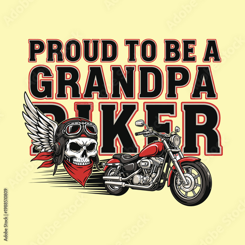 Proud Grandpa Biker Wearing Helmet with Skull and Motorcycle Design