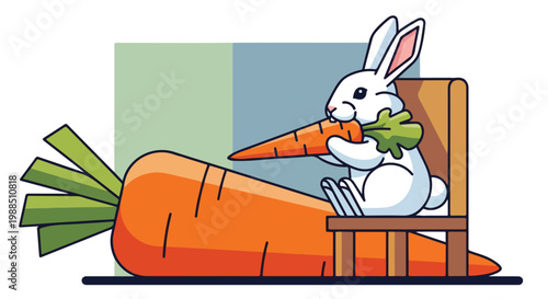 A white rabbit sits on a chair eating a carrot beside a giant carrot vegetable