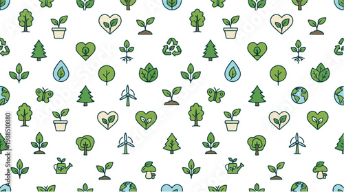 Seamless pattern of eco-friendly icons representing nature, sustainability, and environmental conservation with a clean