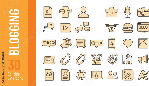 Modern flat design vector icon set featuring blogging tools, social media symbols, and content creation elements. Ideal for digital marketing, web design, education, and business presentations.