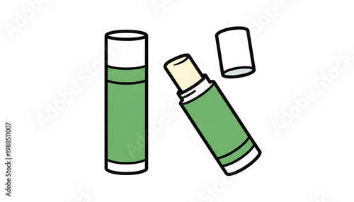 Bottle and canister icon set with green liquid, white caps, and outline design for packaging and storage