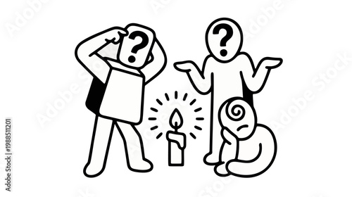 Simple line illustration of stick figures around a candle with a broken light bulb above, symbolizing confusion and lack of ideas.