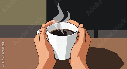 Hands cupping a warm white mug of steaming dark coffee on a simple desk surface