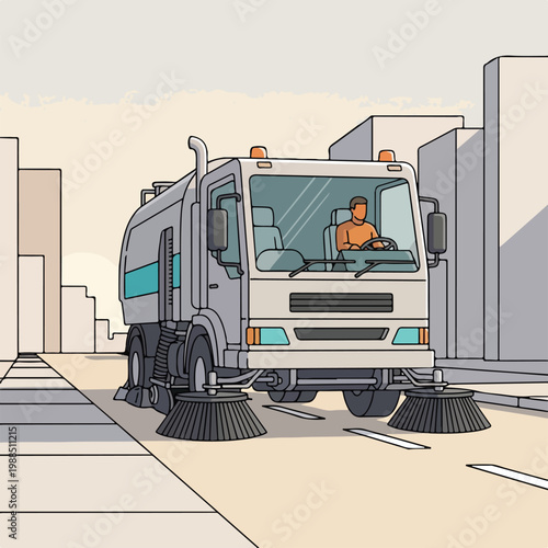 A street sweeper truck with rotating brushes cleans the road in a modern city