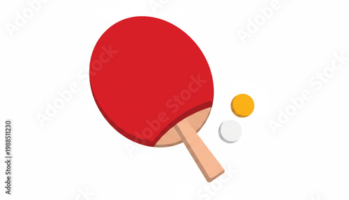 Ping pong paddle with red rubber and wooden handle icon beside yellow and white balls featuring table tennis, racket, sport equipment with game and