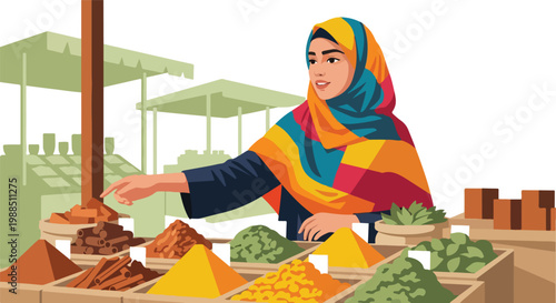 A woman in a hijab sells colorful aromatic spices at a traditional market stall