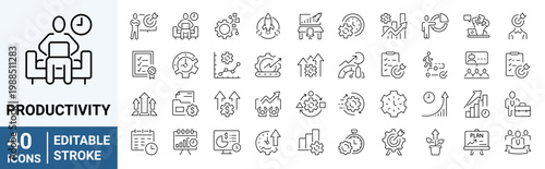 Set of 40 outline icons related to productivity. Linear icon collection. Editable stroke. Vector illustration