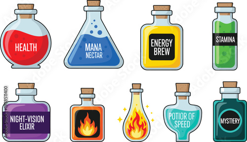 Magic Fantasy Potion Bottle Vector Icon Set Featuring Health Elixir, Mana Nectar, Stamina Brew, Speed Potion, and Mystery Alchemy Flasks for RPG Gaming and App Interfaces