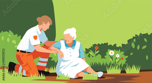 A medical professional assists an elderly woman sitting on the ground outdoors