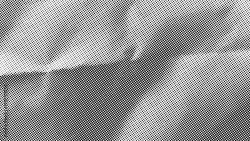 Black and white halftone paper texture pattern. Abstract dot gradient background with vintage comic book style effect. Graphic design element for print overlay, distressed retro art.