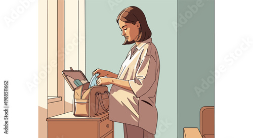 A pregnant woman packs a small bag in a softly lit room, preparing for travel