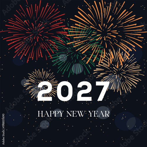 Happy new year 2027 with dynamic fireworks and glowing dots on dark background, festive vector illustration for greeting card and invitation.
