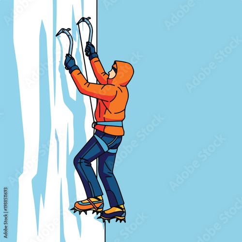 A person in orange winter gear climbs a vertical wall of blue ice using axes