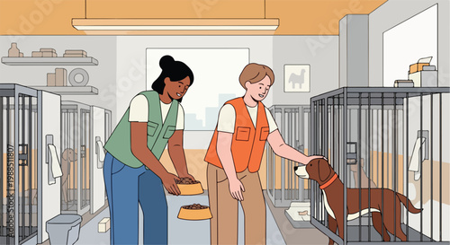 Two animal shelter workers caring for and feeding dogs kept inside metal cages