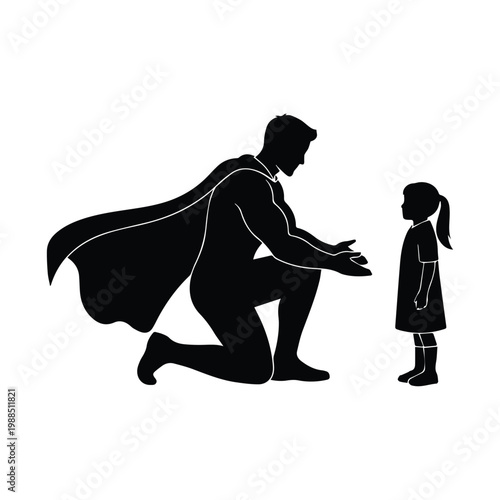 Father superhero kneeling to child silhouette