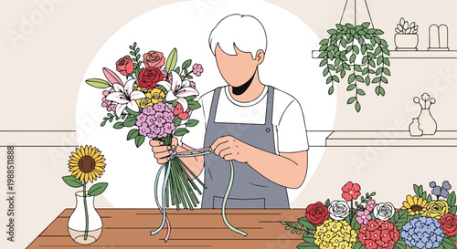 An artist in an apron ties a ribbon around a colorful, freshly gathered bouquet