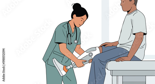 A nurse in scrubs helps a patient with his prosthetic leg in a medical office