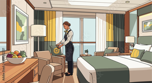 A hotel housekeeper tidying up cushions in a modern, sunlit cruise ship cabin