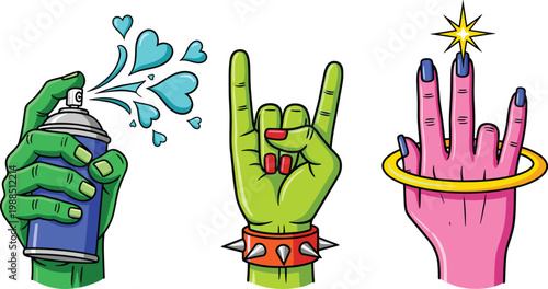 Pop Art Hands Collection with Spray Paint Rock Gesture and Fashion Pose Colorful Comic Style Vector Illustration Set