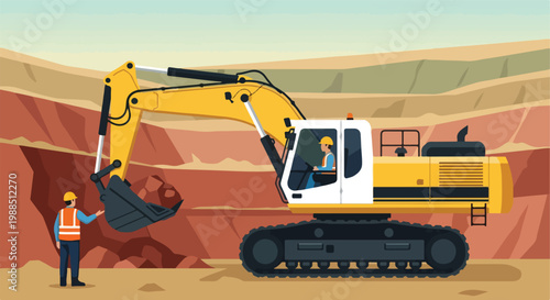 Yellow excavator operating in a large open pit mine with workers in uniform